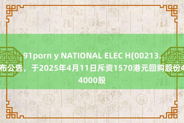 91porn y NATIONAL ELEC H(00213.HK)发布公告，于2025年4月11日斥资1570港元回购股份4000股